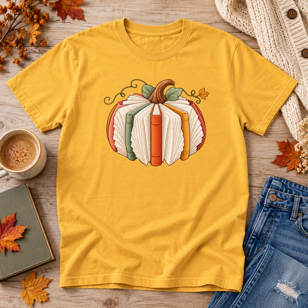 Mustard T-shirt with a pumpkin made from books on the front, laid on pale wood beside a cream cardigan, jeans, coffee, and autumn leaves.