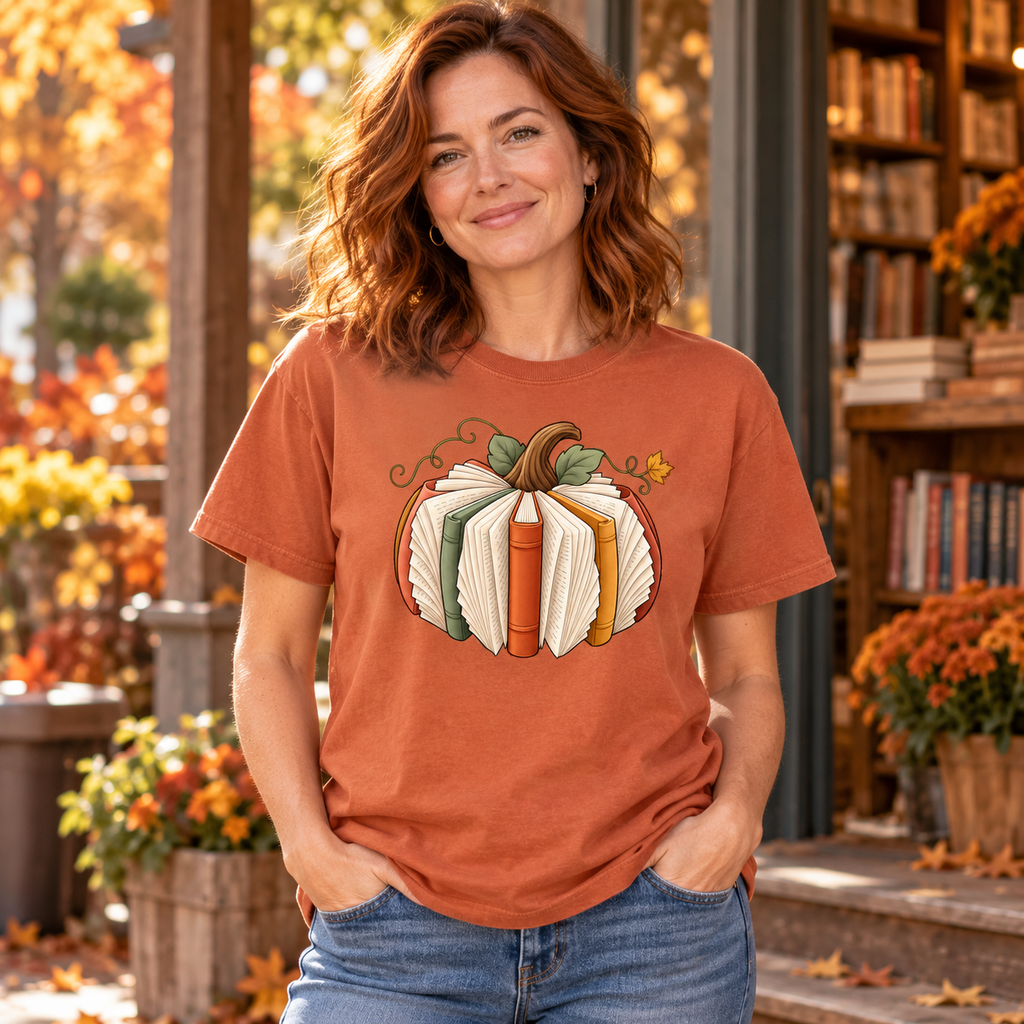 Woman wearing a yam orange T-shirt with a pumpkin made from books on the front, standing outside a bookstore surrounded by autumn foliage.