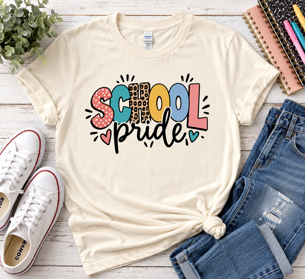 Natural Gildan Softstyle School Pride shirt with colorful retro lettering styled in a flat lay with jeans, sneakers, notebooks, and greenery.