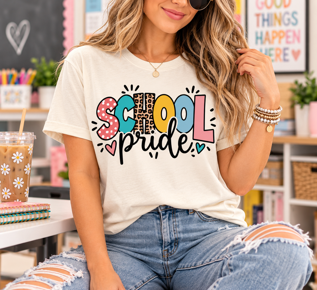 Woman wearing a natural Gildan Softstyle School Pride shirt with colorful retro lettering in a classroom setting.