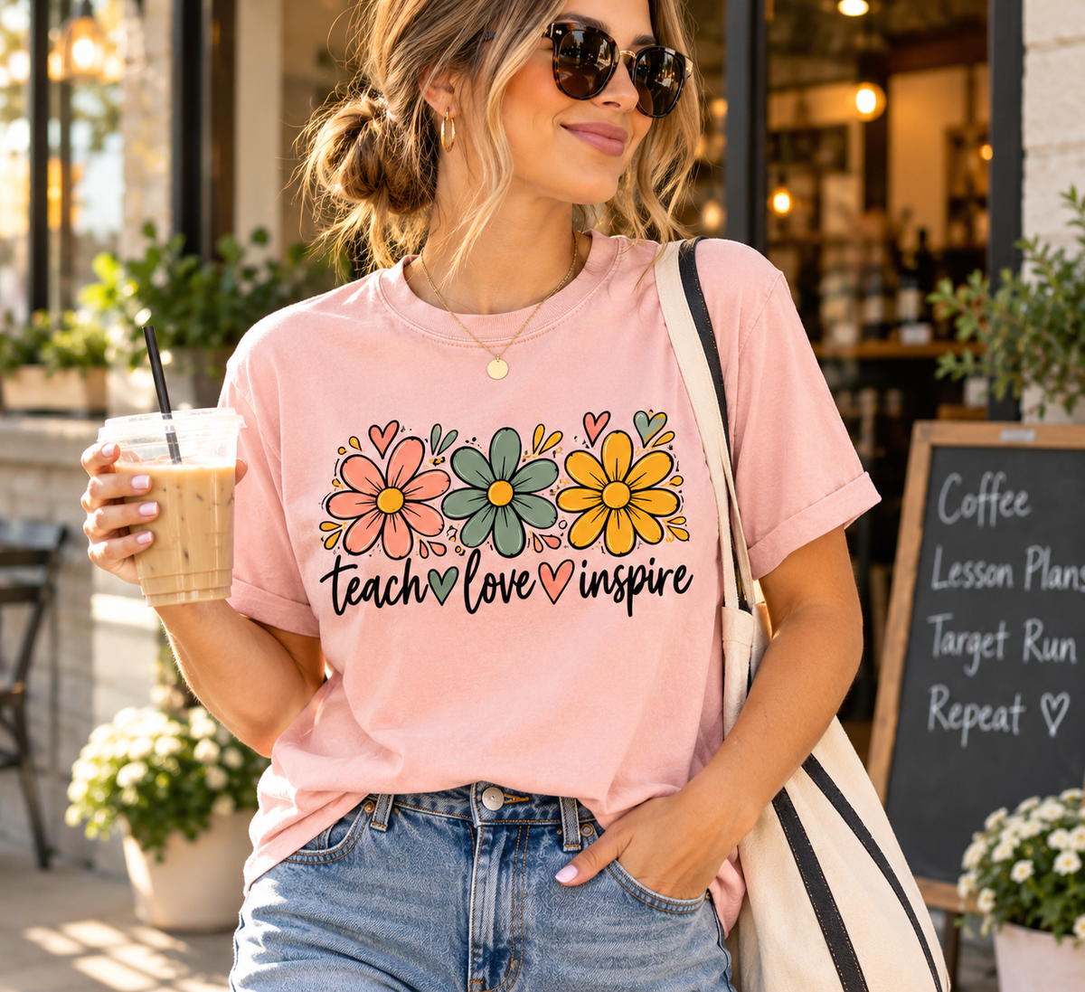 Teacher wearing a Blossom Comfort Colors Teach Love Inspire floral shirt with jeans while enjoying an iced coffee after school.