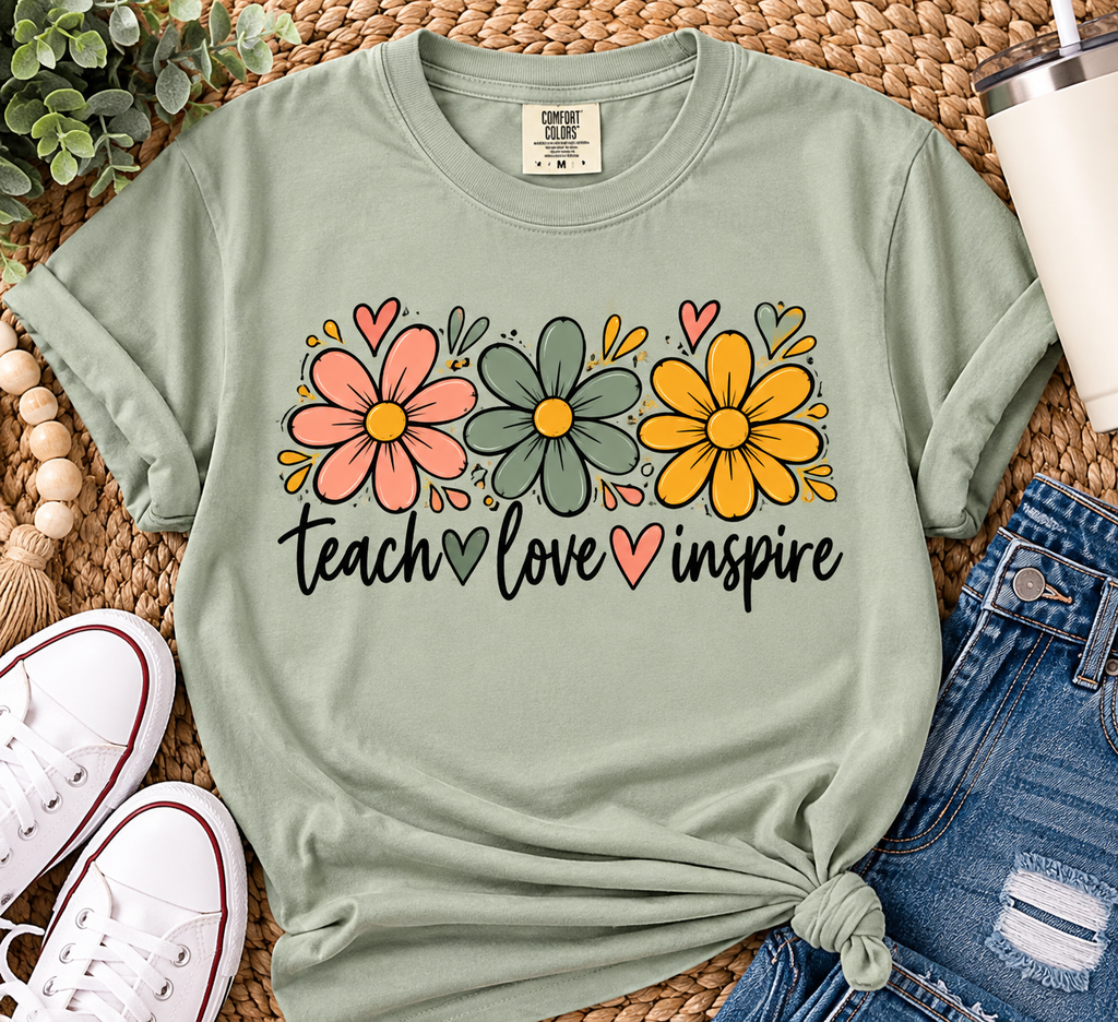Sage Comfort Colors Teach Love Inspire teacher shirt with blush, sage and mustard flowers styled in a flat lay with jeans and sneakers.