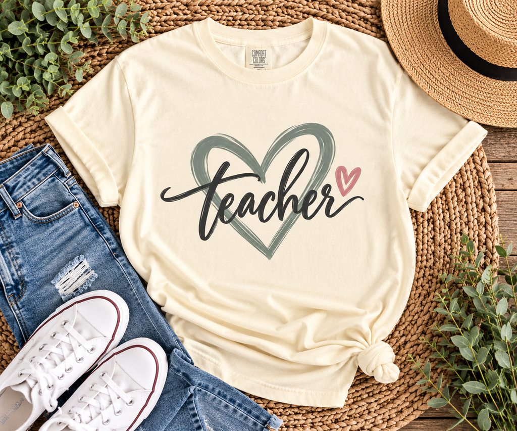 Ivory Comfort Colors teacher shirt with sage heart and pink accent styled in a flat lay with jeans and sneakers