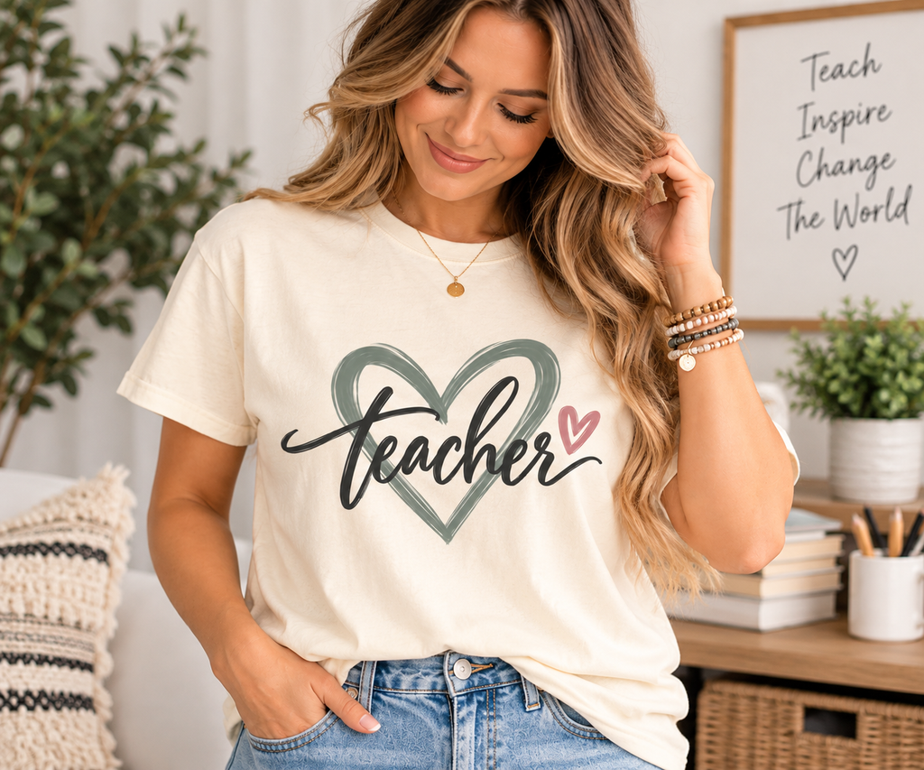 Woman wearing an ivory Comfort Colors teacher shirt with sage heart and pink accent design