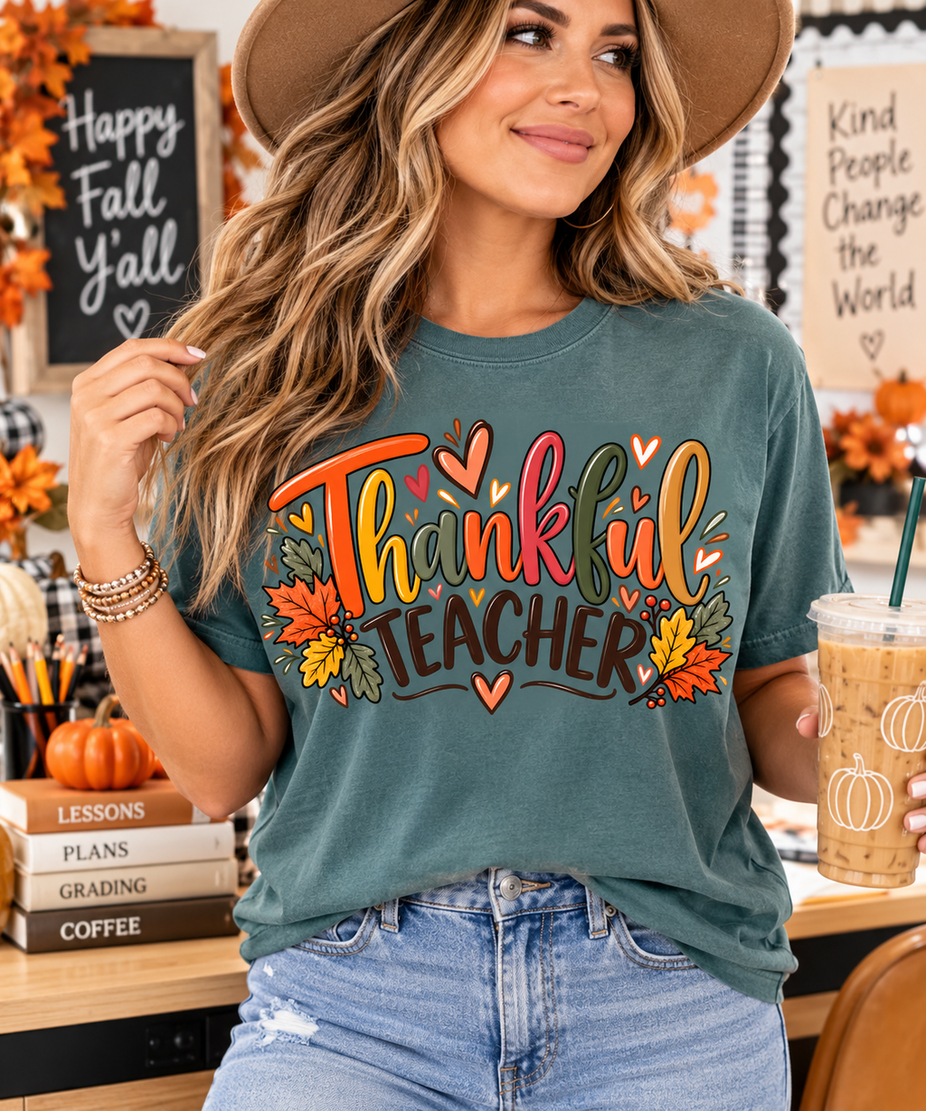Teacher wearing a Blue Spruce Comfort Colors Thankful Teacher shirt with colorful autumn leaves in a festive fall classroom.