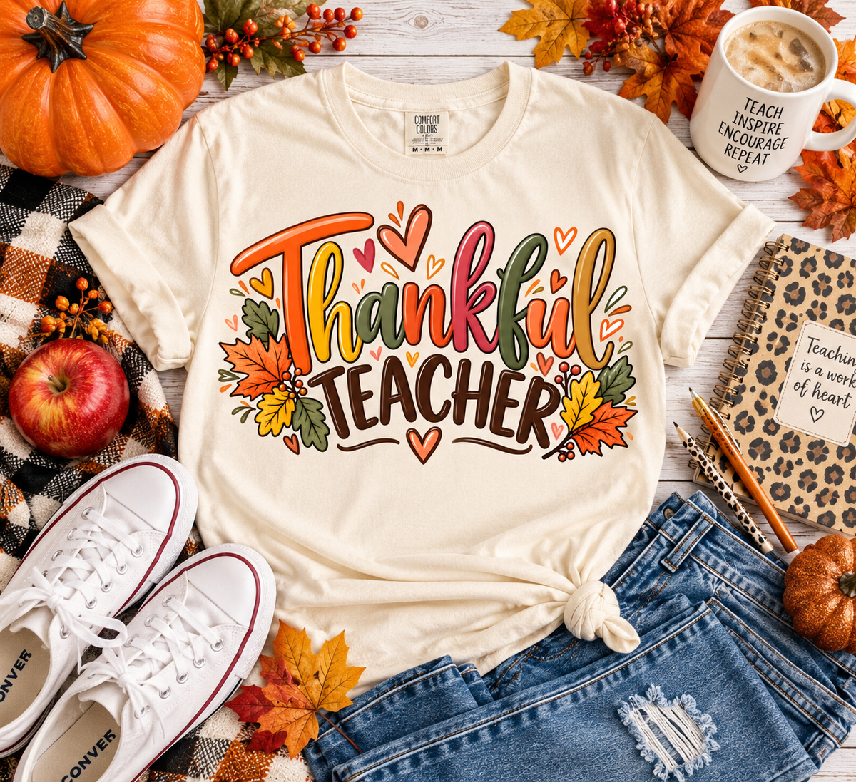 Ivory Comfort Colors Thankful Teacher shirt with colorful fall lettering and autumn leaves styled with pumpkins and teacher-themed accessories.