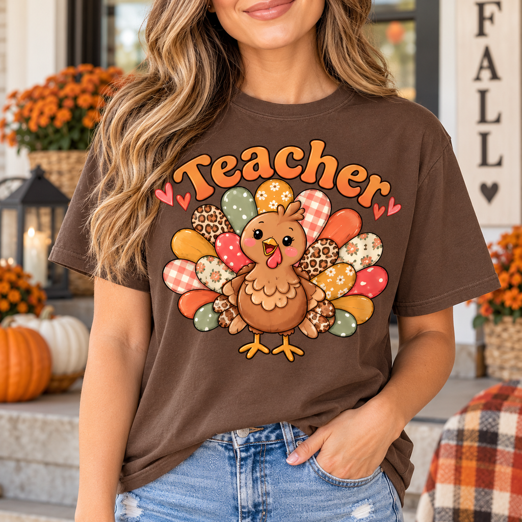 Teacher wearing an Espresso Comfort Colors Thanksgiving shirt featuring a cute turkey with colorful patterned feathers and Teacher lettering.