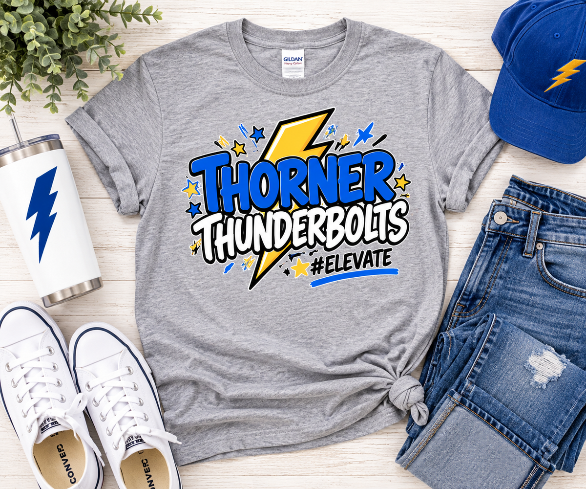 Gray Gildan 5000 Thorner Thunderbolts #ELEVATE adult school spirit shirt with blue and gold lightning bolt design in a flat lay.