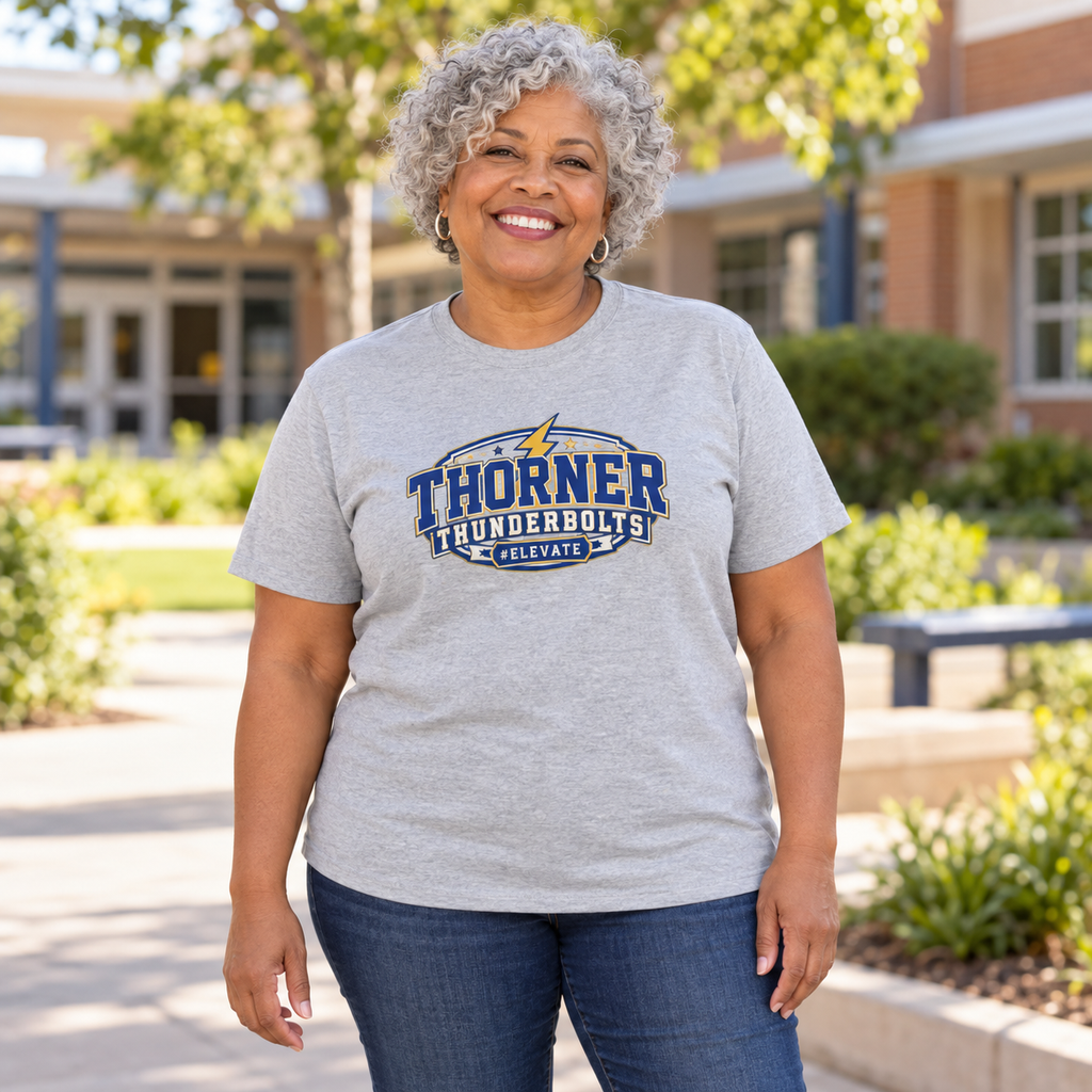 Smiling woman wearing a heather gray Thorner Thunderbolts T-shirt with blue and gold varsity lettering, a lightning bolt, and #ELEVATE in a school courtyard.