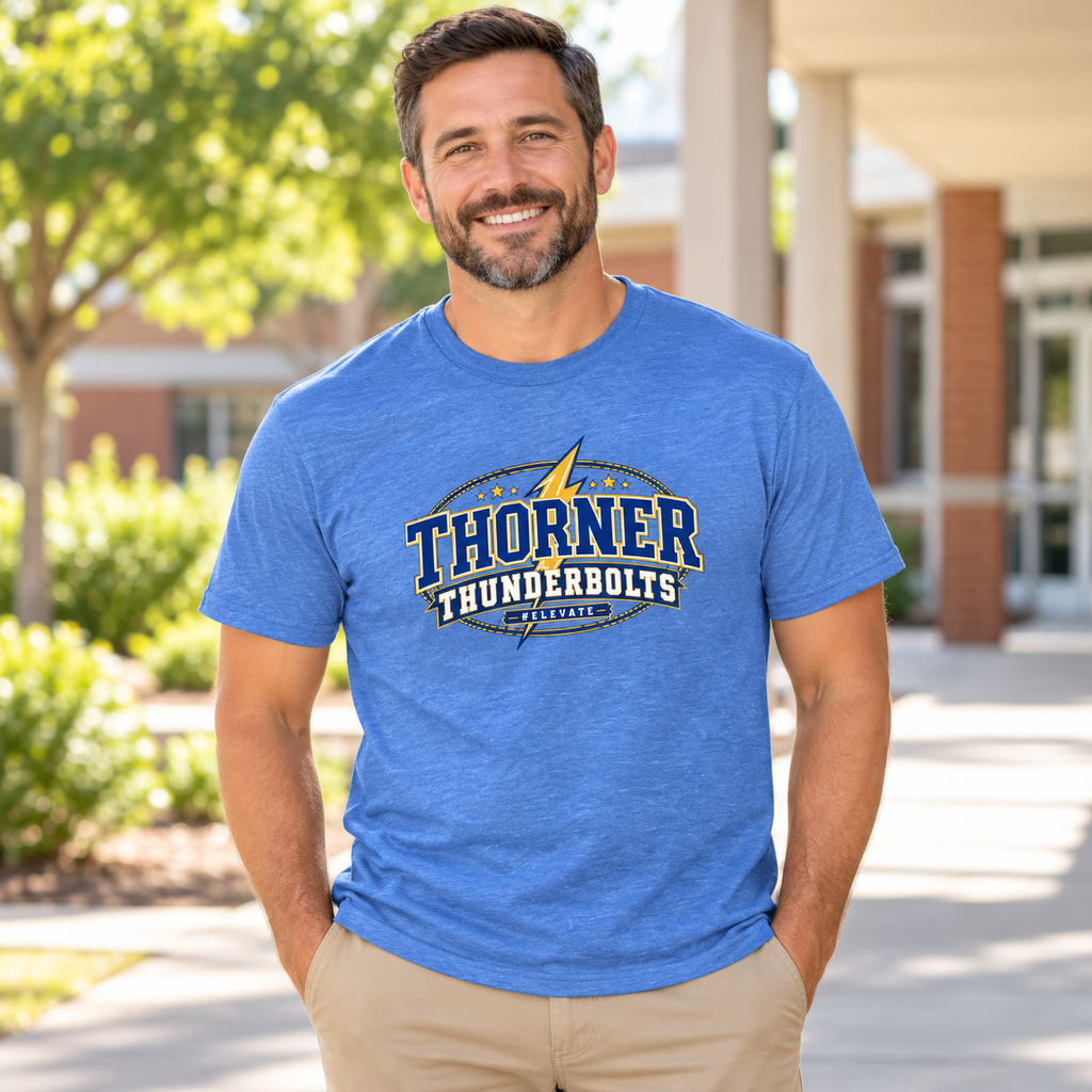 Smiling man wearing a heather blue Thorner Thunderbolts T-shirt with blue and gold varsity lettering, a lightning bolt, and #ELEVATE outside a school.